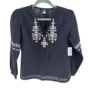 Old Navy Wms XS Black Embroidered Lace Up Peasant Blouse Boho Puff Sleeve NWT